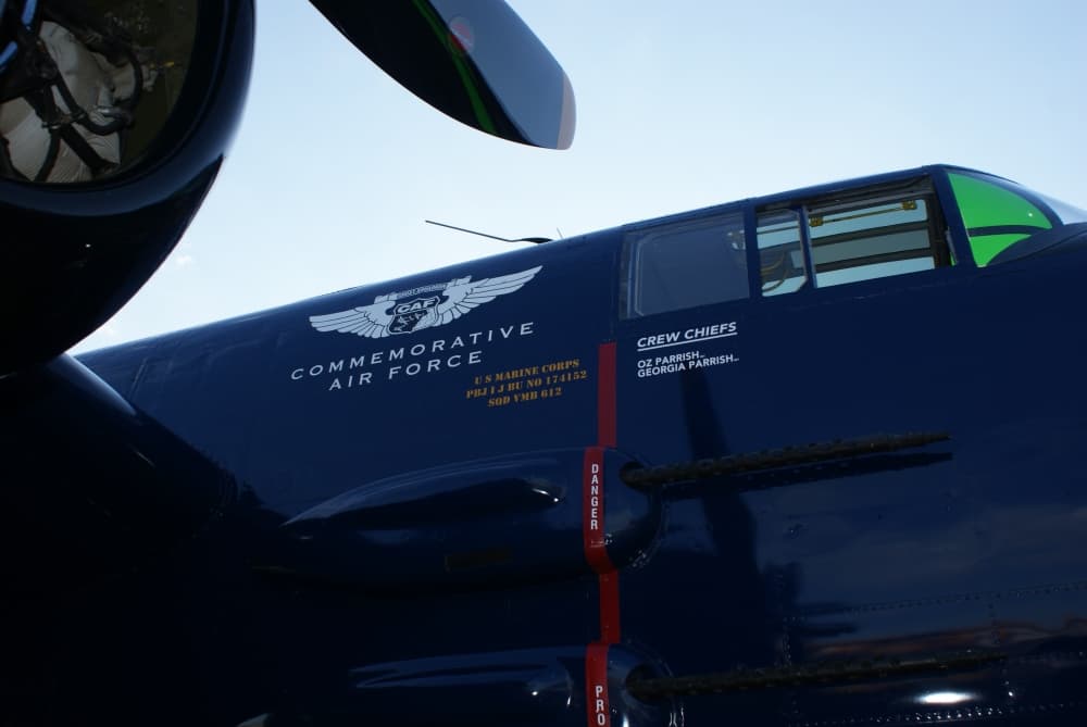 The crews chief on the Devil Dog are listed as Ozzie and Georgia Parrish, who led the effort to restore the plane to its former glory. (Eddie Harbour/Community Impact Newspaper)