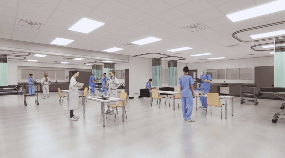 Proposed health science lab view: The health and science renovations will remove the existing dividing doors between the existing health and science laboratory to create a larger lab, which will include two phlebotomy stations and two exam tables. 
