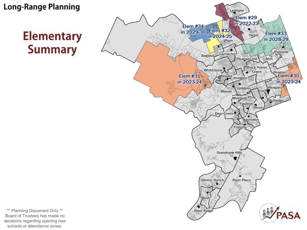 School construction projections include six elementary schools, one middle school and one high school to be built over the next 10 years. (Screenshot courtesy Leander ISD)