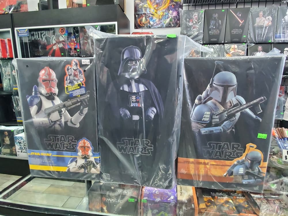 The 501st Battalion Trooper, Darth Vader and Death Watch Mandalorian are notable collectibles sold at Stephen's Collectibles. (Jarrett Whitener/ Community Impact)