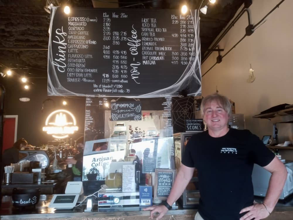 Retired U.S. Army Lt. Col. Jim Perkins is co-owner of Medina River Coffee. (Edmond Ortiz/Community Impact Newspaper)