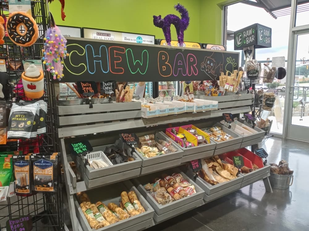 Oli's Pet Stuff features a chew bar with several types of natural, rawhide-free chews and bones. (Edmond Ortiz/Community Impact Newspaper)