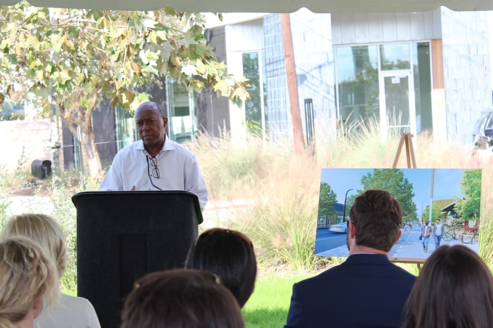 Houston Mayor Sylvester Turner addresses the crowd at a Dec. 4 groundbreaking event for a road improvement project targeting Shepherd and Durham drives in the Heights. (Shawn Arrajj/Community Impact Newspaper)