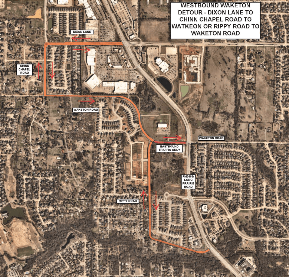 Waketon Road in Flower Mound to be closed to westbound traffic