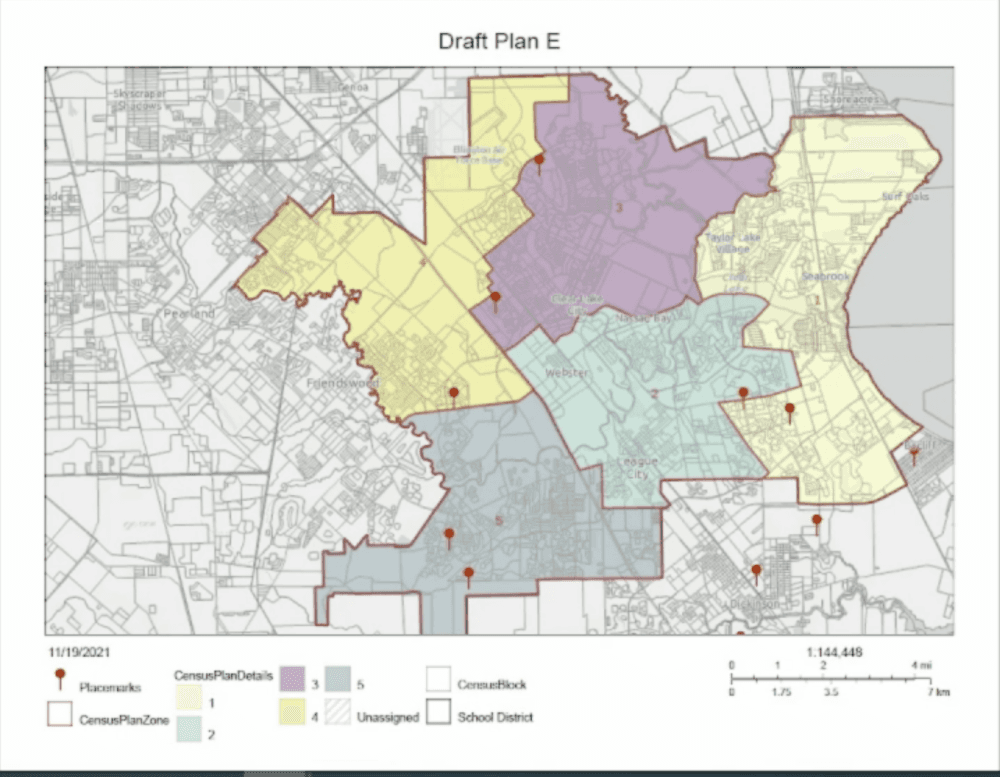 The redistricting draft that most closely mirrors high school boundaries, Plan E, is the one district staff will use as a draft moving forward. The place markers represent approximately where each trustee lives. (Screenshot of Dec. 6 meeting livestream)
