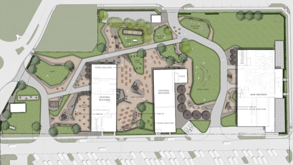 This rendering shows the site plan for the new Tupps Brewery location and expansion with 42,000 square feet. (Rendering courtesy Conduit Architecture & Design)