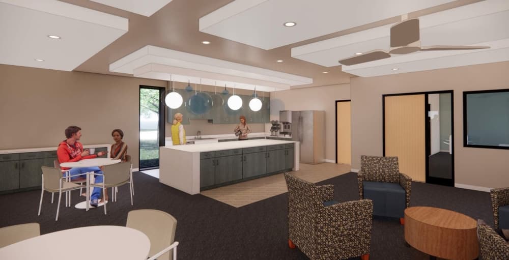 A rendering of the kitchen area at the updated Colleyville Senior Center. (Rendering courtesy Barker Rinker Seacat Architecture)