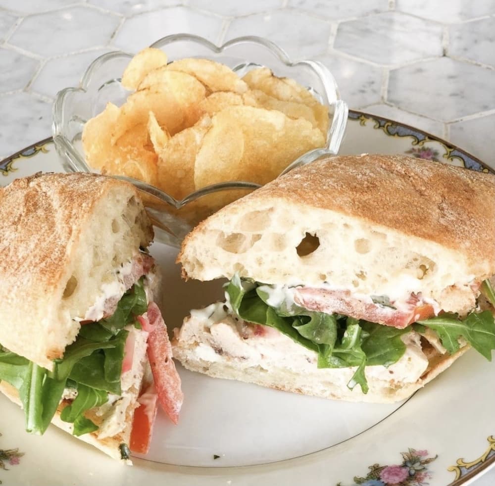 The chicken and goat cheese sandwich features roasted chicken on a fresh ciabatta bun. ($12) (Courtesy Heirloom Haul)