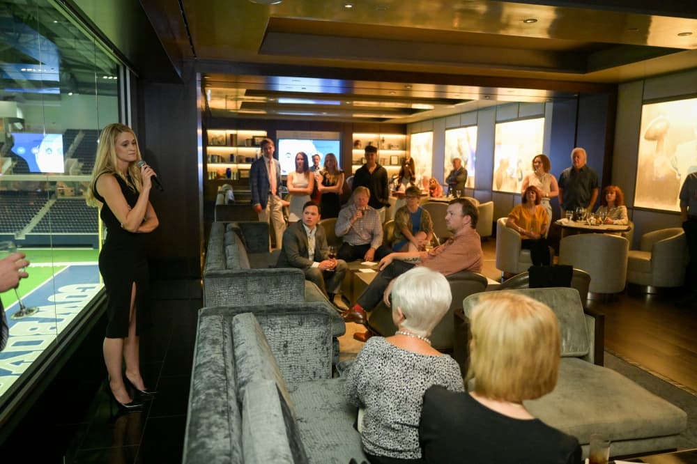 Amber Russell speaks at the launch party for the Law Office of Amber Russell.