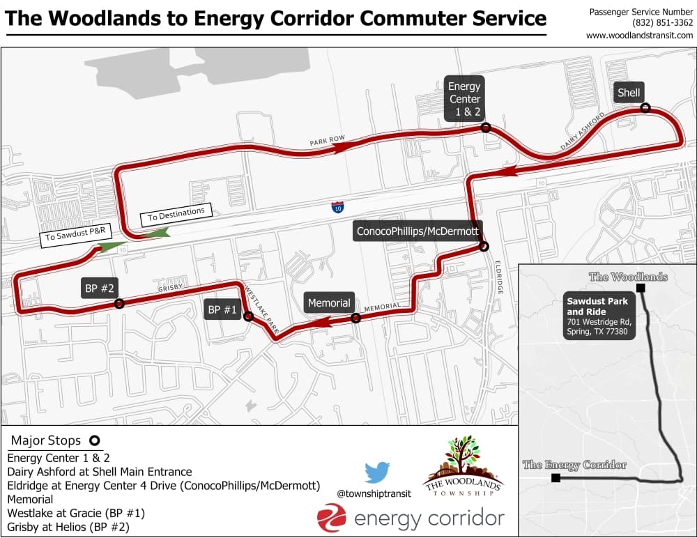 A map provided by The Woodlands Township and the Energy Corridor District shows the locations where The Woodlands Express commuter route will stop. (Courtesy The Woodlands Township)
