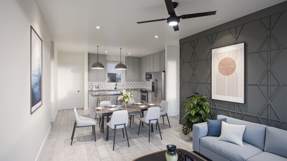 Designed by Danze & Davin Architects, one-, two- and three-bedroom floor plans will be available ranging from 773 to 1,358 square feet—each with open-concept living areas, walk-in closets and front porches. (Rendering courtesy Leva Living)