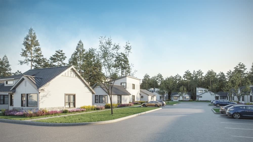 The one- and two-story exteriors will feature modern elements such as metal roofs and a mix of brick, stone and siding. (Rendering courtesy Leva Living)