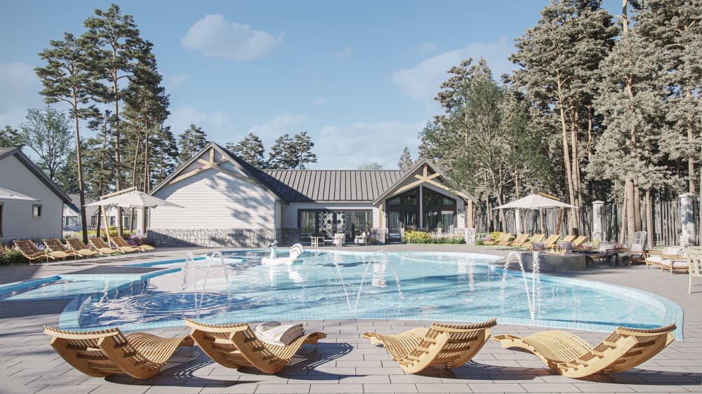 The community will also feature an amenity complex featuring a clubhouse with a fully-equipped fitness center, outdoor kitchen, swimming pool and spa. (Rendering courtesy Leva Living)