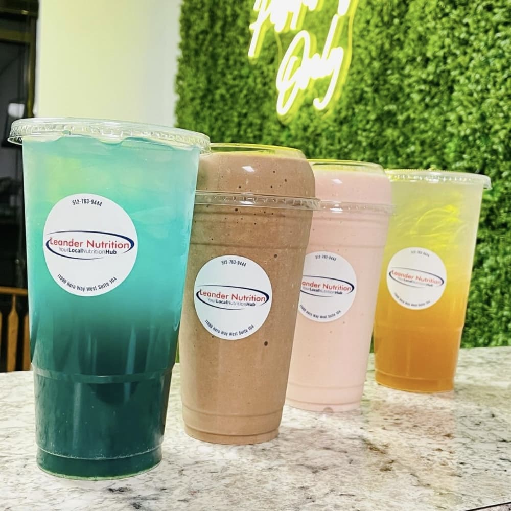 Leander Nutrition drinks come in a variety of flavors. From left to right: deep sea tea, chocolate coconut cream shake, strawberry banana shake and pineapple sunrise tea. (Courtesy Leander Nutrition)