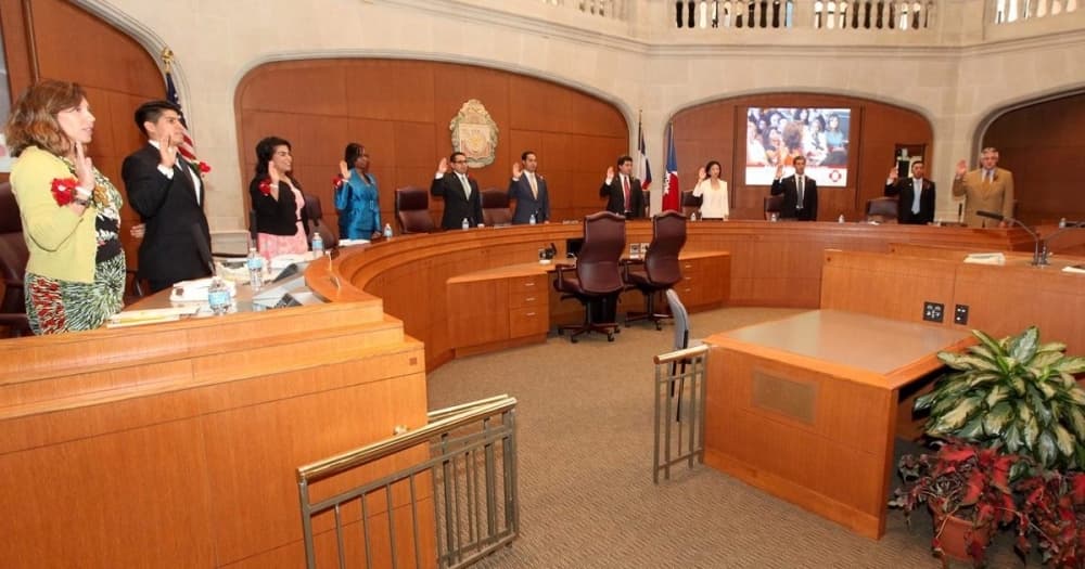 San Antonio’s mayor and City Council members take the oath of office in June 2013. The city’s new round of redistricting will result in redrawn council district boundaries that will go to the council for consideration this summer. (Courtesy City of San Antonio)
