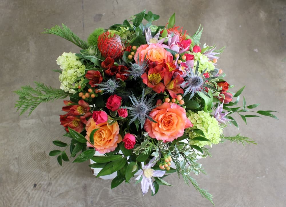 This Designer’s Choice arrangement costs $115. (Karen Chaney/Community Impact Newspaper)