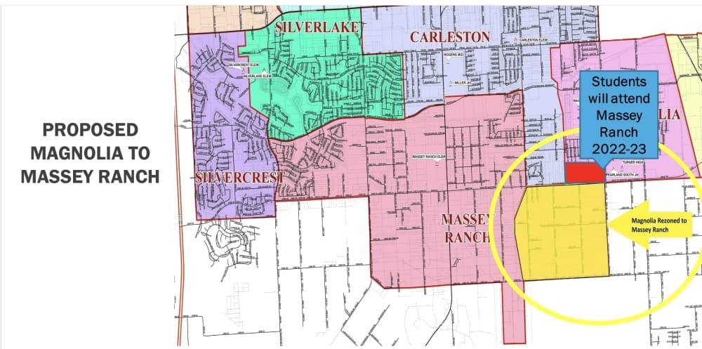 YELLOW ONLY: Rezoning of residential area south of Bailey Road from Magnolia Elementary to Massey Ranch Elementary. (Screenshot of Pearland ISD agenda documents)