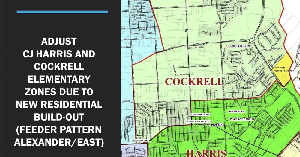 New residential area bordered by Pearland Parkway, Barry Rose Road and Brighton Brook Lane rezoning from Cockrell Elementary to C.J. Harris Elementary. (Screenshot of Pearland ISD agenda documents)