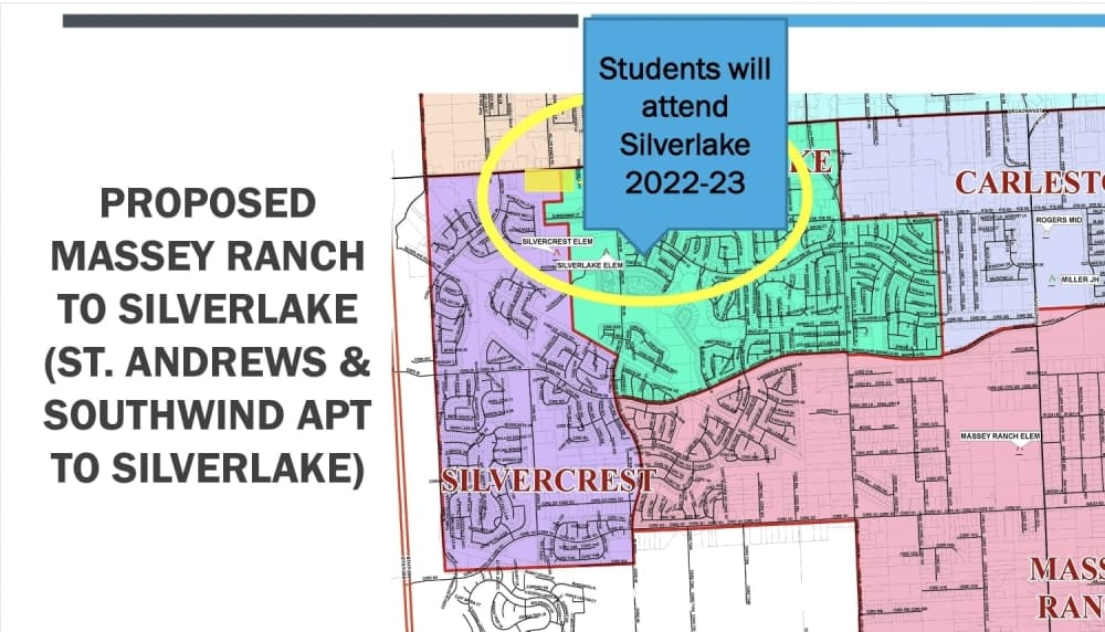 St. Andrews and Southwind Apartments rezoning from Massey Ranch Elementary to Silverlake Elementary. (Screenshot of Pearland ISD agenda documents)