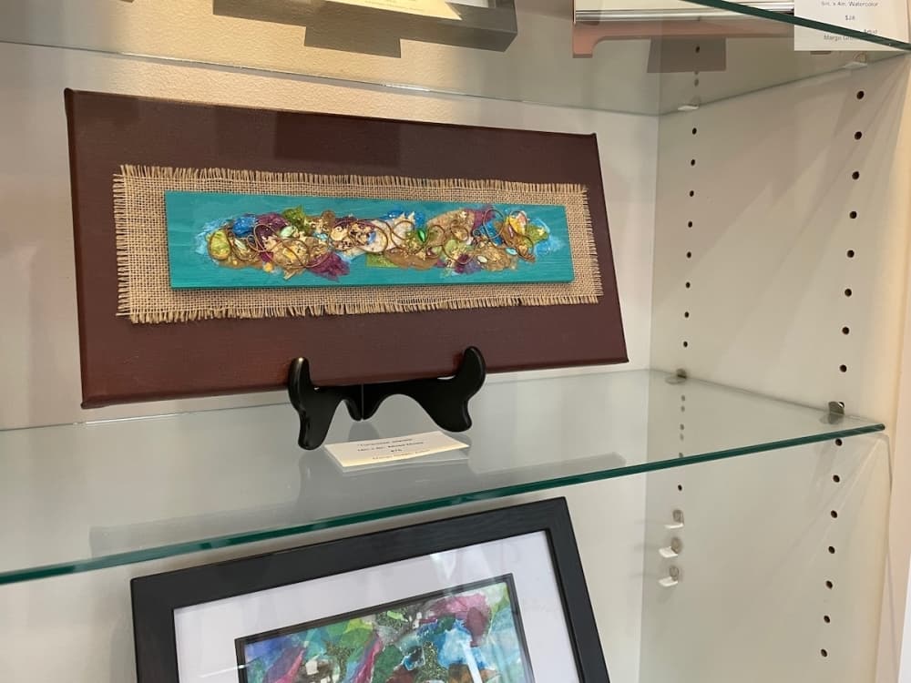 Artwork from Margo Green, Pearland Arts League’s exhibit chair, is on display at the gallery. (Andy Yanez/Community Impact Newspaper)