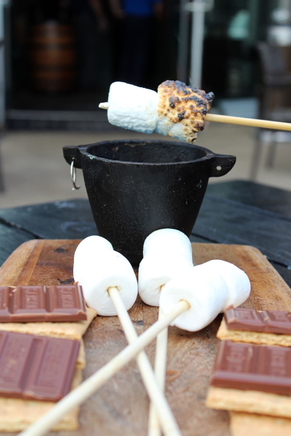 Tableside s’mores for two ($10) includes marshmallows, chocolate and graham crackers. (Karen Chaney/Community Impact Newspaper)