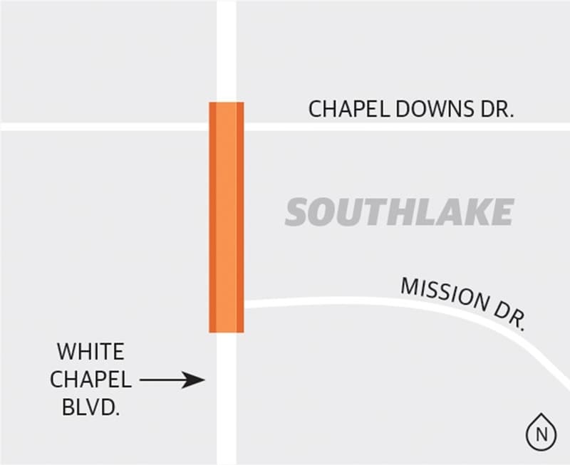 The city of Southlake’s North White Chapel Boulevard widening project is expected to be finished this spring. (Community Impact Newspaper)