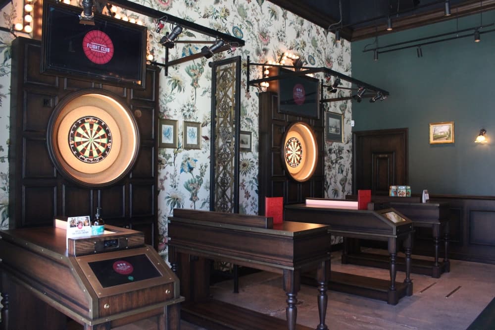 Each oche at Flight Club can have up to 12 people playing on it at once. (Sofia Gonzalez/Community Impact Newspaper)