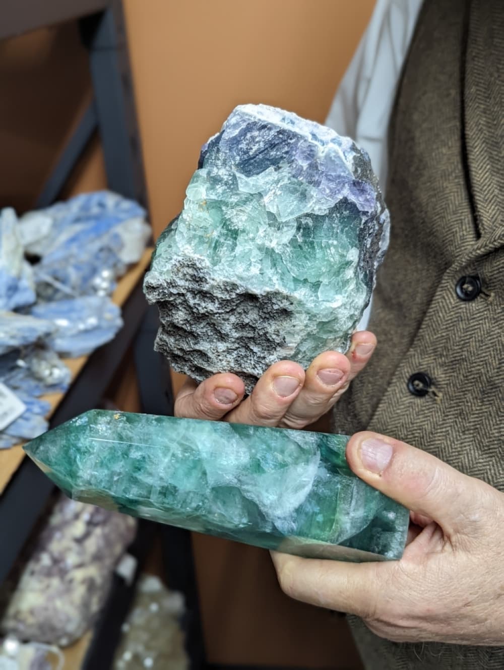 Angel’s sells both cut and raw versions of minerals for jewelers and collectors alike, such as this fluorite from Mexico. (Jishnu Nair/Community Impact Newspaper)