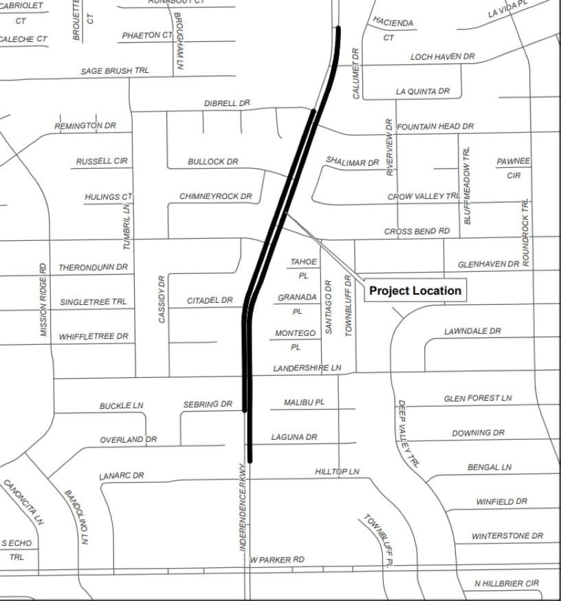 A map showing where construction will occur to repair screening wall and sidewalk along Independence Parkway. (Courtesy city of Plano)