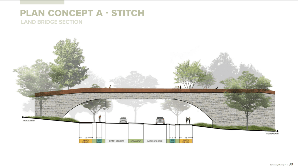 A bridge over Barton Springs Road was included in the first presented plan. (Screenshot courtesy city of Austin)