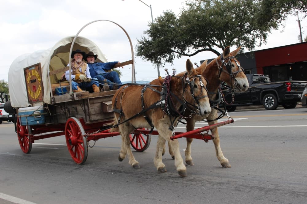Trail riders paraded along Main Street on Feb. 22 after leaving the Tomball Historic Depot Plaza for an overnight stay at Spring Creek Park. (Kayli Thompson/Community Impact Newspaper)