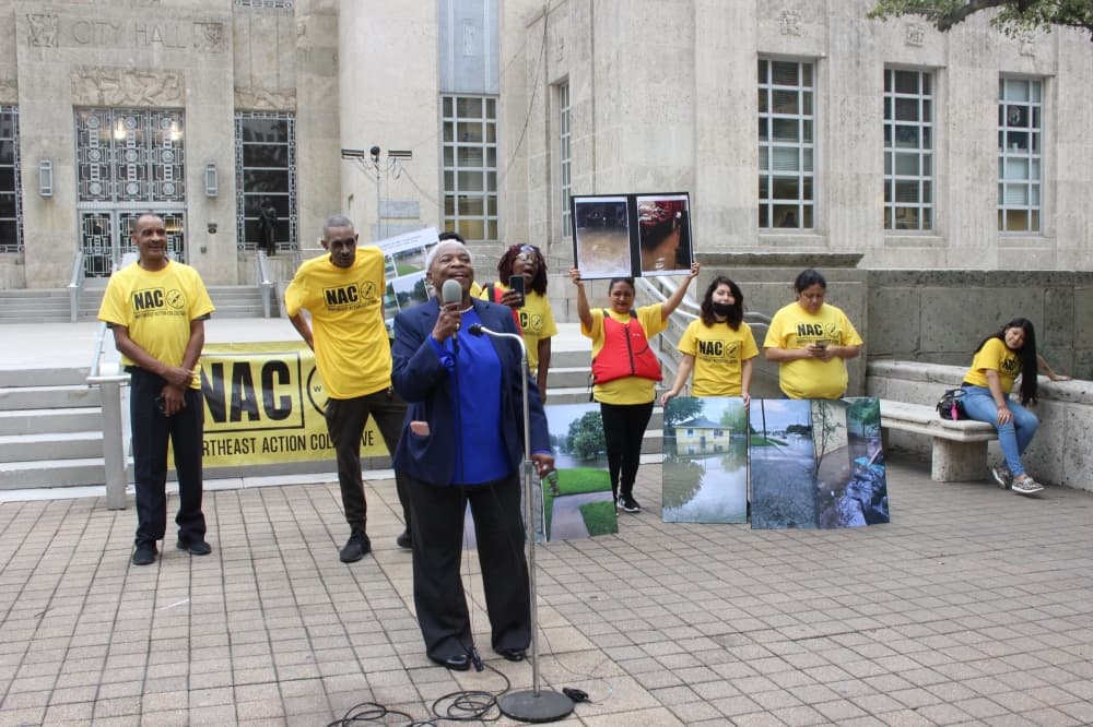 The group cheered in support as speakers spoke at the protest. (Sofia Gonzalez/Community Impact Newspaper)