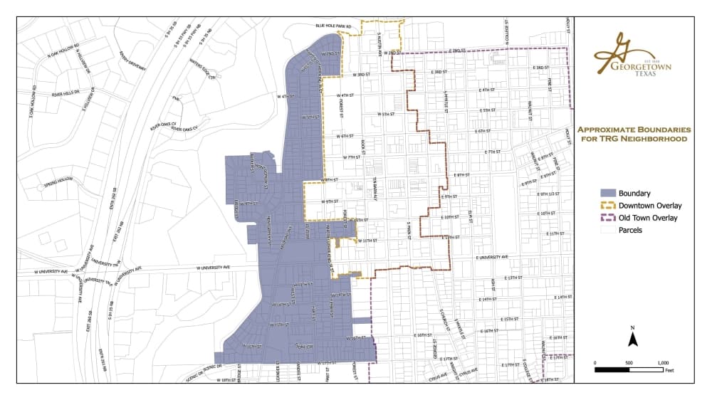 The historic Track, Ridge and Grasshopper neighborhood is a 0.19-mile area that largely wraps around the City Hall complex and extends from Blue Hole Park down to south of Hwy. 29 along 17th Street. Boundaries are unofficial and subject to change with the plan. (Map courtesy city of Georgetown)
