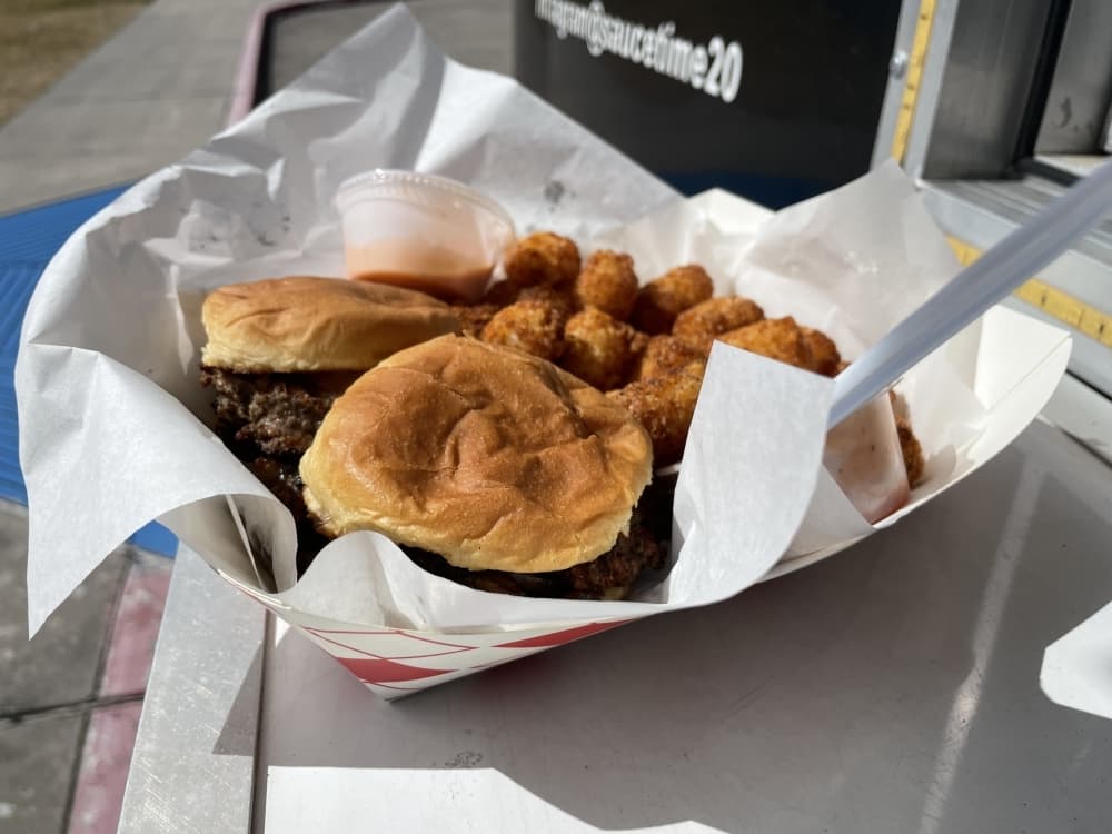 Sauce Time’s Palm Bites ($11.50) are two smashed burgers on slider buns. (Andy Yanez/Community Impact Newspaper)