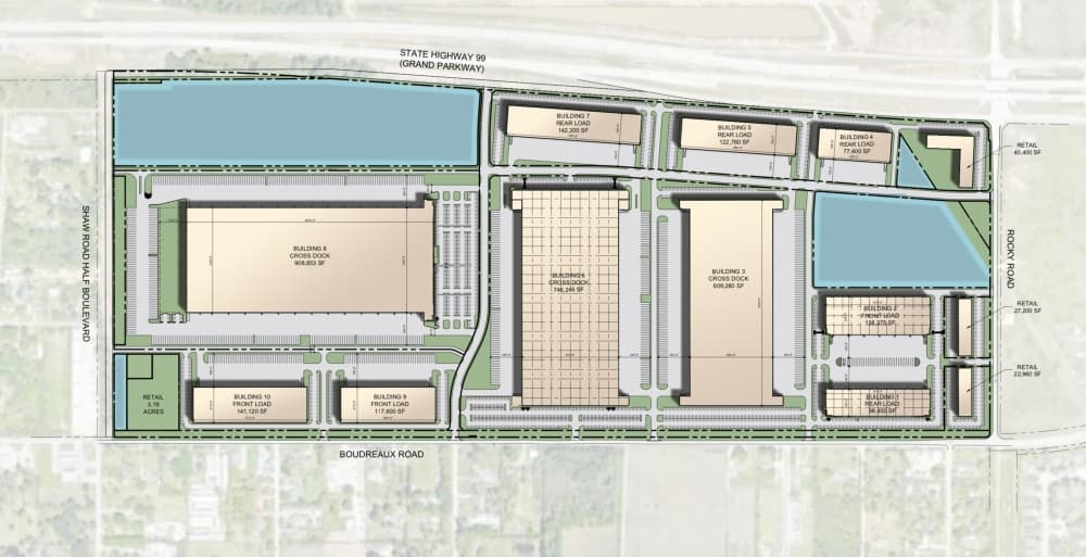 Interchange 249 includes plans for three phases, totaling 10 buildings. (Map courtesy Lovett Industrial)