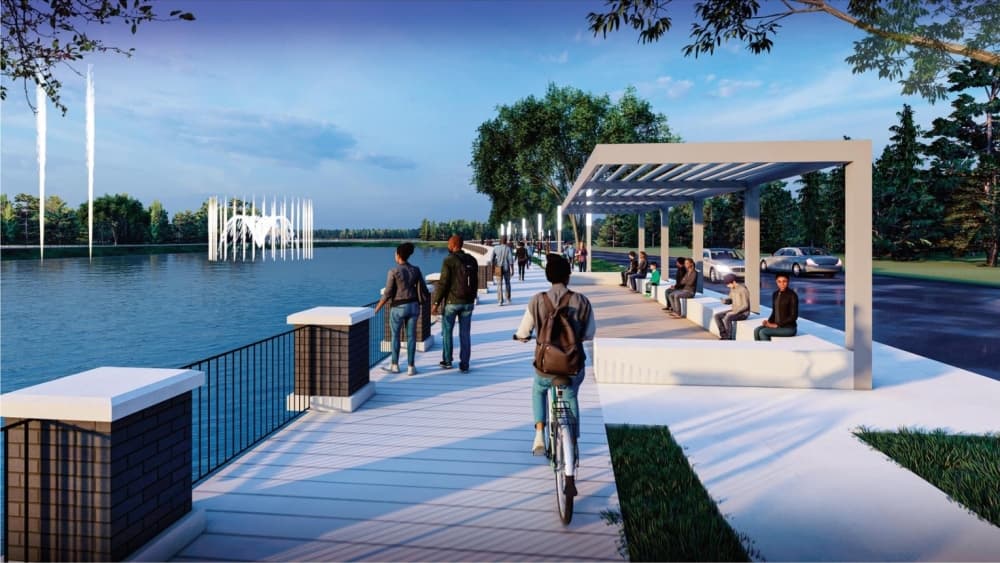 According to HISD Trustee Chris Parker—who presented the project at the Humble City Council March 10 meeting—the retention pond would double as a community park featuring trails for walking, jogging and running; legacy trees selected by Harris County Precinct 4 Commissioner Jack Cagle, and three fountains with LED lights that will light up in school colors for home games. (Rendering courtesy Humble ISD)