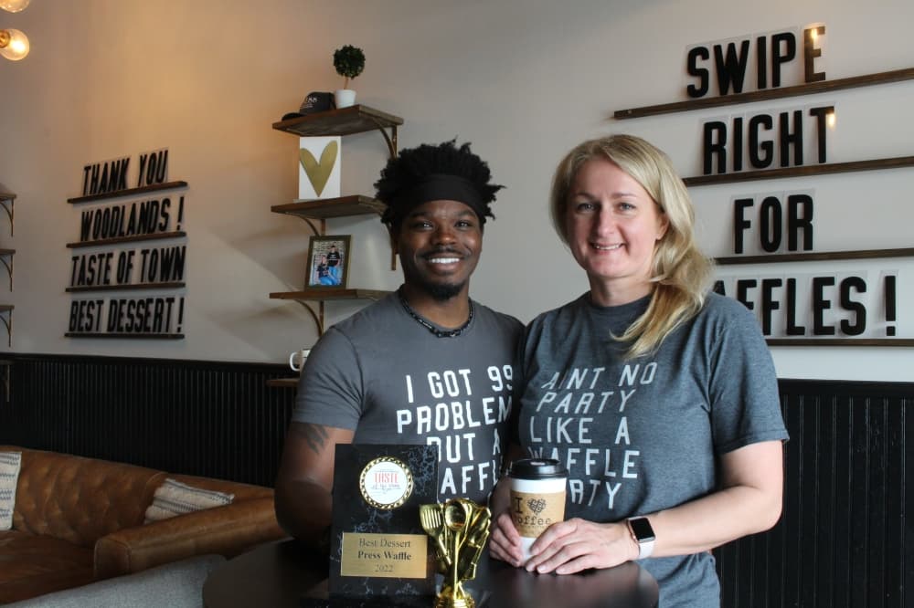 Press Waffle Co. owners Alex Gardner and Aleks Meeker took over the location in December and were awarded “Best Dessert in The Woodlands” during Taste of the Town in January. (Andrew Christman/Community Impact Newspaper)