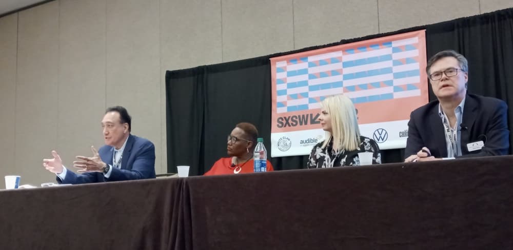 Henry Cisneros, former San Antonio mayor and former U.S. Housing and Urban Development secretary (far left), leads a panel discussion about affordable housing on March 14 at the South by Southwest Conference & Festivals in Austin. (Edmond Ortiz/Community Impact Newspaper)
