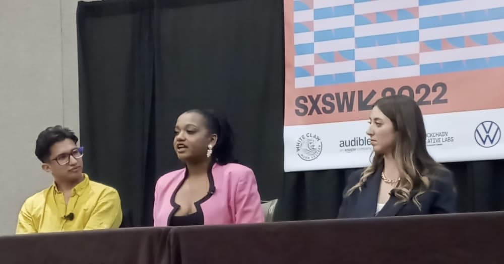 Kimiya Factory, president and executive director of San Antonio nonprofit Black Freedom Factory, speaks in a March 13 South by Southwest panel. She is flanked by “Twentysomethings: Austin” star Keauno Perez and Savannah Lovelace, co-founder of Pedal the Pacific. (Edmond Ortiz/Community Impact Newspaper)