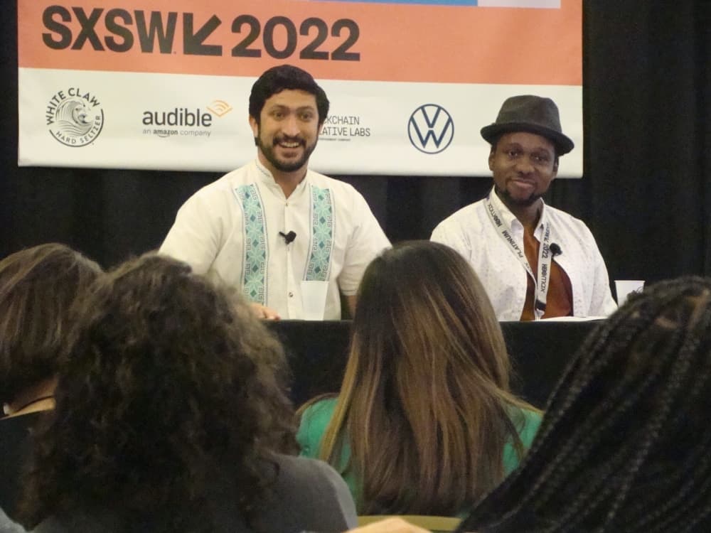Texas Congressional candidate and former Austin City Council member Greg Casar (left) speaks in a March 13 discussion at South by Southwest in Austin. At right is Working Families Party National Director Maurice Mitchell. (Edmond Ortiz/Community Impact Newspaper)