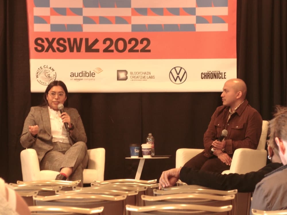 Immigration attorney and Texas Congressional candidate Jessica Cisneros speaks in a March 13 discussion at South by Southwest in Austin. At right is "Latino USA" producer Reynaldo Leaños Jr. (Edmond Ortiz/Community Impact Newspaper)
