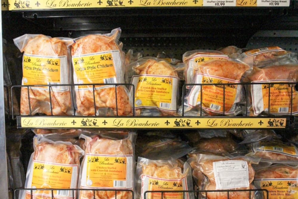 Deboned stuffed chickens ($74.99) are available in five stuffing varieties. (Emily Lincke/Community Impact Newspaper)