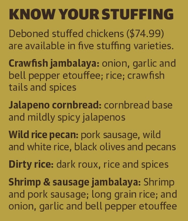 Deboned stuffed chickens ($74.99) are available in five stuffing varieties. (Ronald Winters/Community Impact Newspaper)