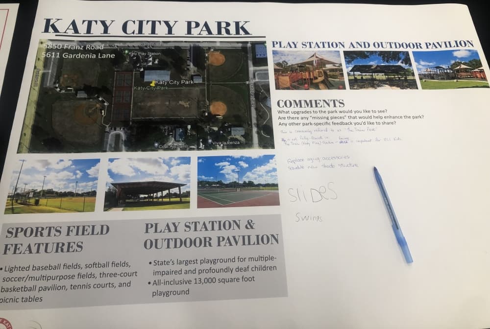 Several Park Inventory Stations were set up for residents to leave comments during an open house curated by Katy's Parks and Recreation Department and Kendig Keast Collaborative. (Asia Armour/Community Impact Newspaper)