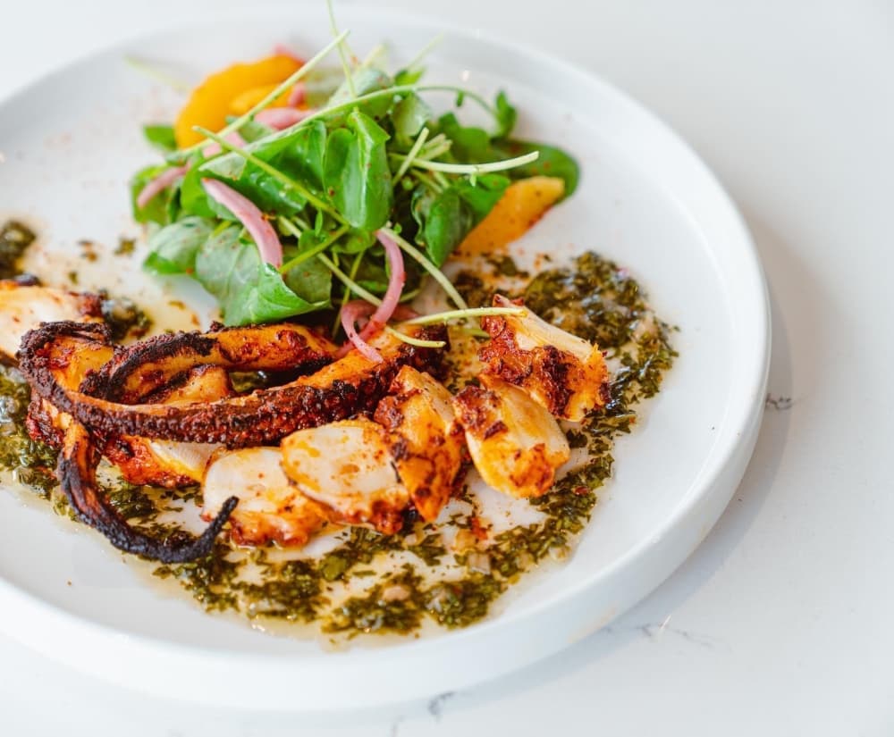 Char-grilled octopus ($19): served with citrus-cilantro salad and chimichuri; pairs well with Sokol Blosser Evolution White Blend (Courtesy Pearl and Vine)