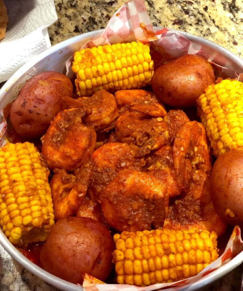 Mary’s Spicy Shrimp is a shrimp, corn and potatoes dish available to purchase by the half-pound ($10.99) and pound ($20.99). (Courtesy Lone Star Cheladas)