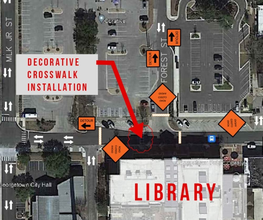 Sections of Eighth Street will be closed April 13-14. The city of Georgetown has issued detours as shown. (Courtesy City of Georgetown)