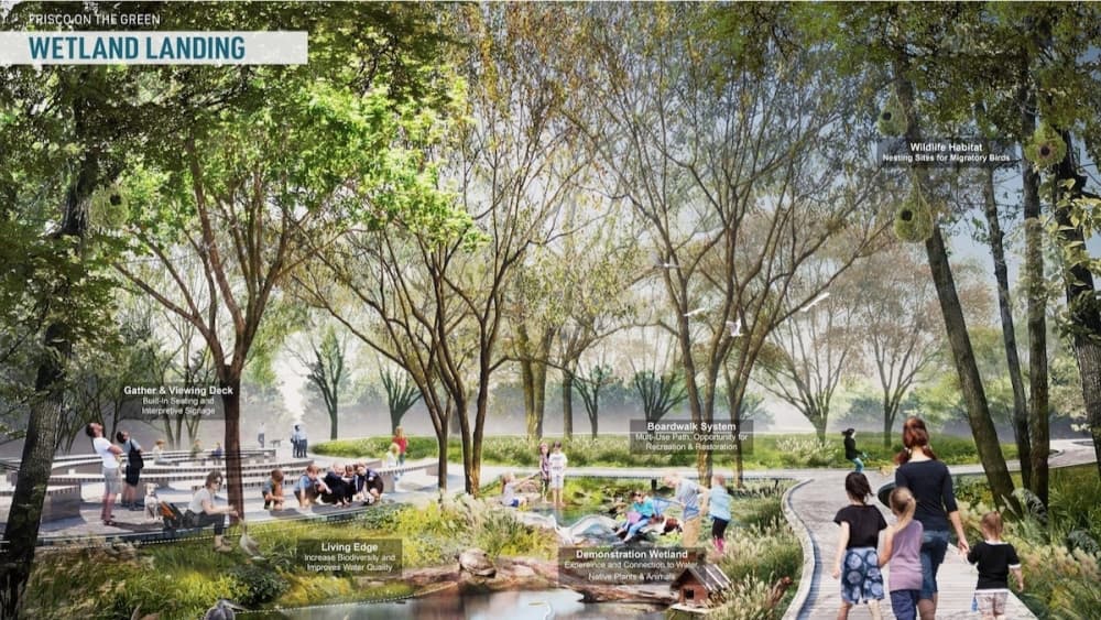 Frisco on the Green is planned to have a “wetland landing” area equipped with a boardwalk system and a gathering and viewing deck. (Rendering courtesy Design Workshop Inc.)