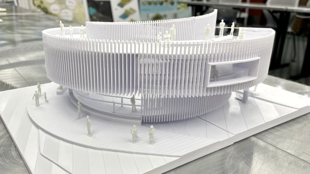 Architects working on future amenities at Frisco on the Green presented a 3D-printed model of the planned nature pavilion. (Matt Payne/Community Impact Newspaper)
