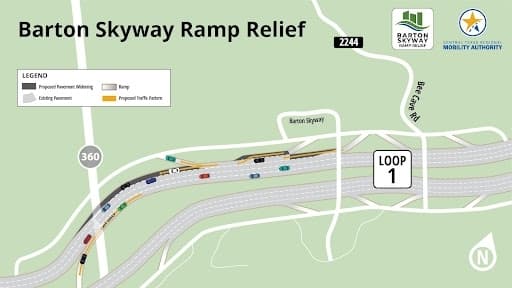 Work is planned on southbound MoPac at Barton Skyway to improve traffic flow and travel times. (Courtesy Central Texas Regional Mobility Authority)